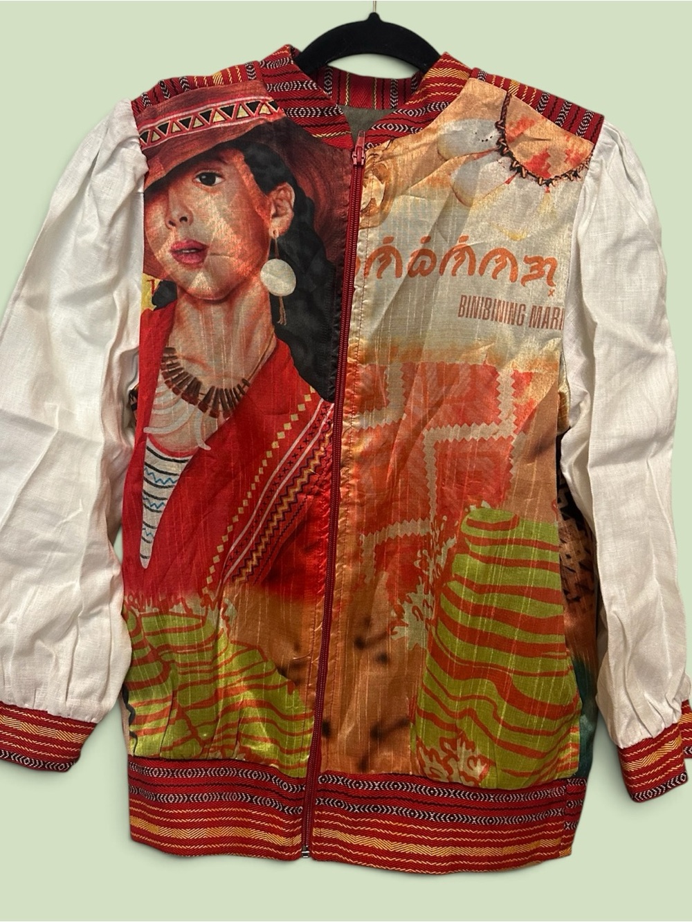 Filipina women’s  linen and silk Red Patterned Bomber Jacket